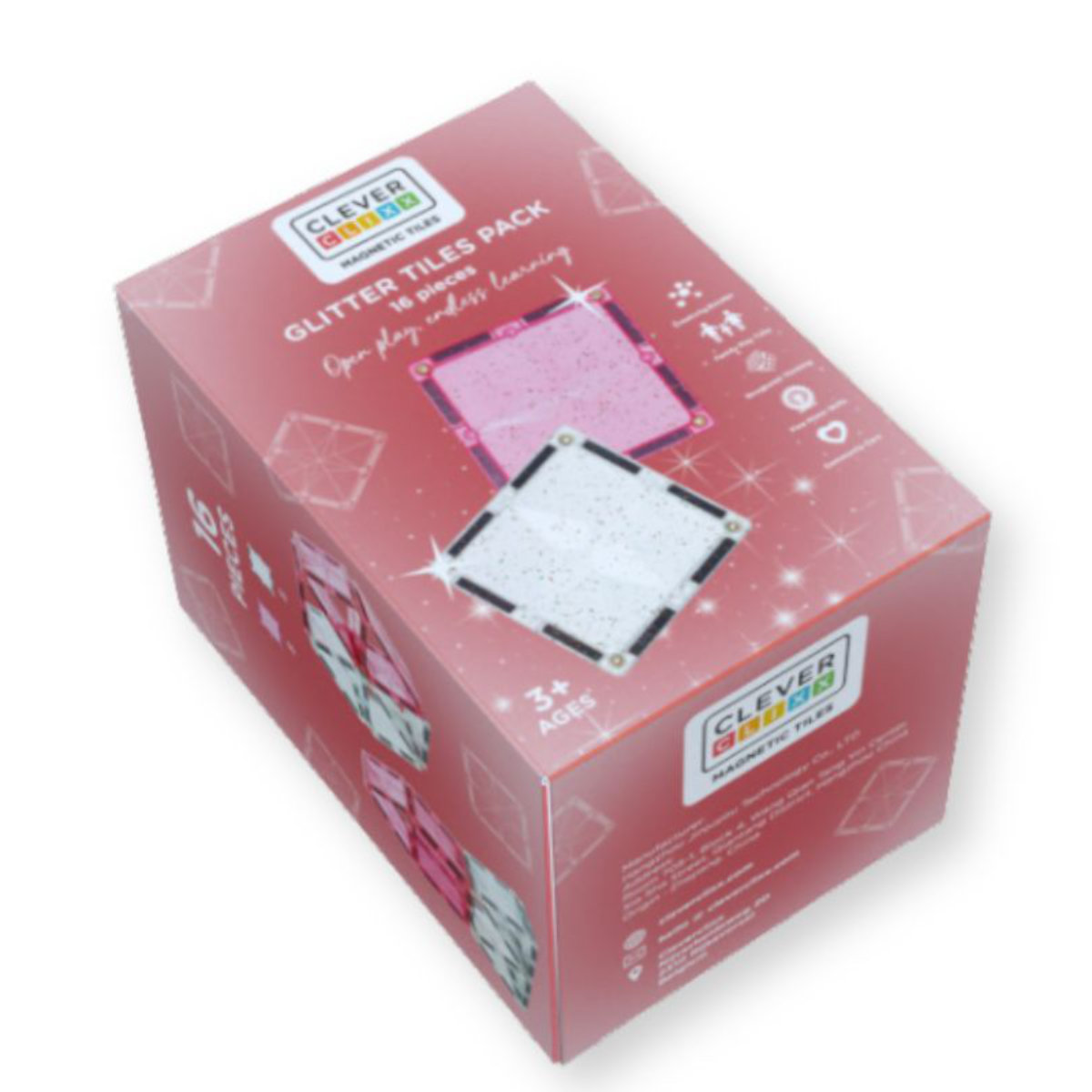 Cleverclixx Glitter Tiles Pack Transparent/Pink – 16 Pieces Magnetic Tiles