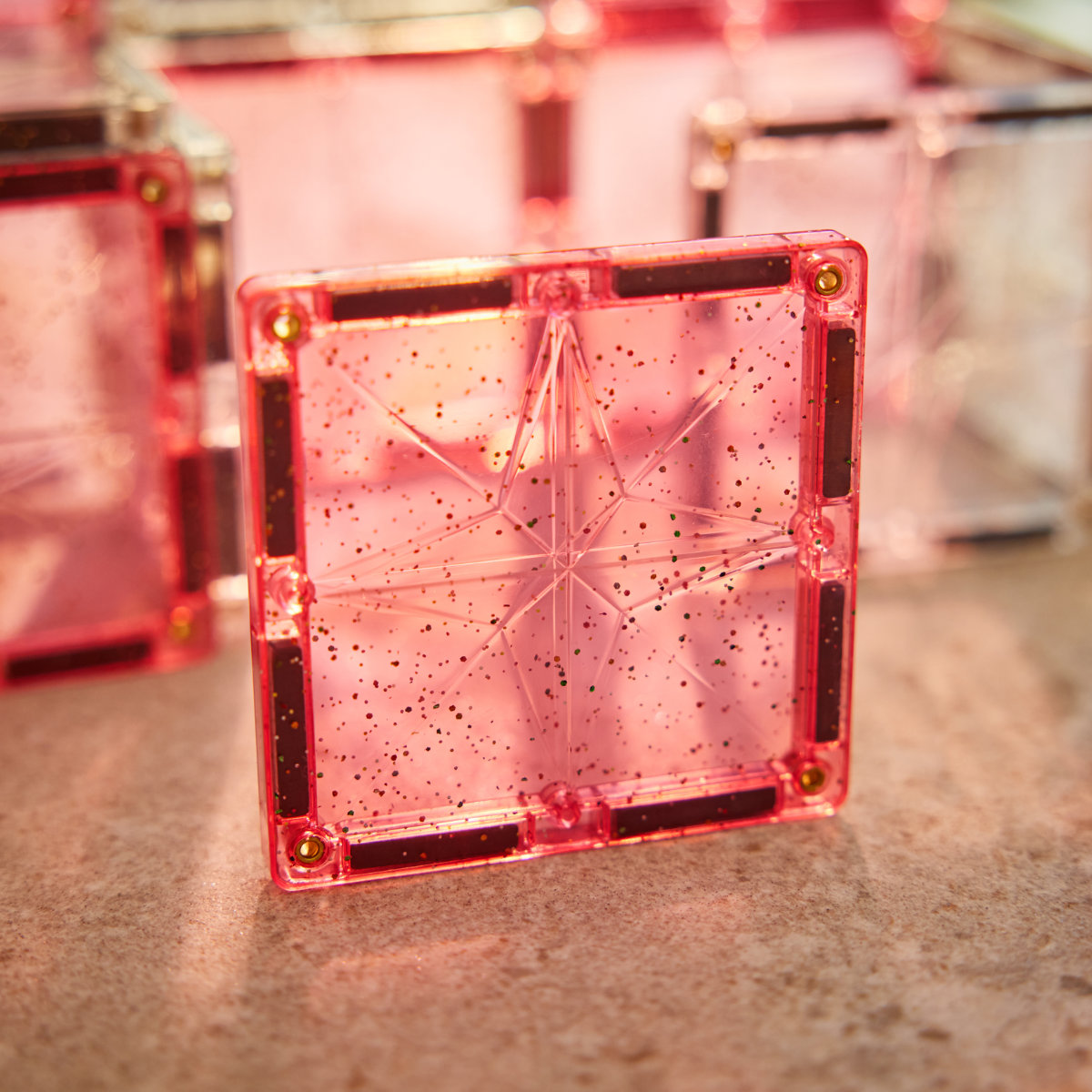 Cleverclixx Glitter Tiles Pack Transparent/Pink – 16 Pieces Magnetic Tiles