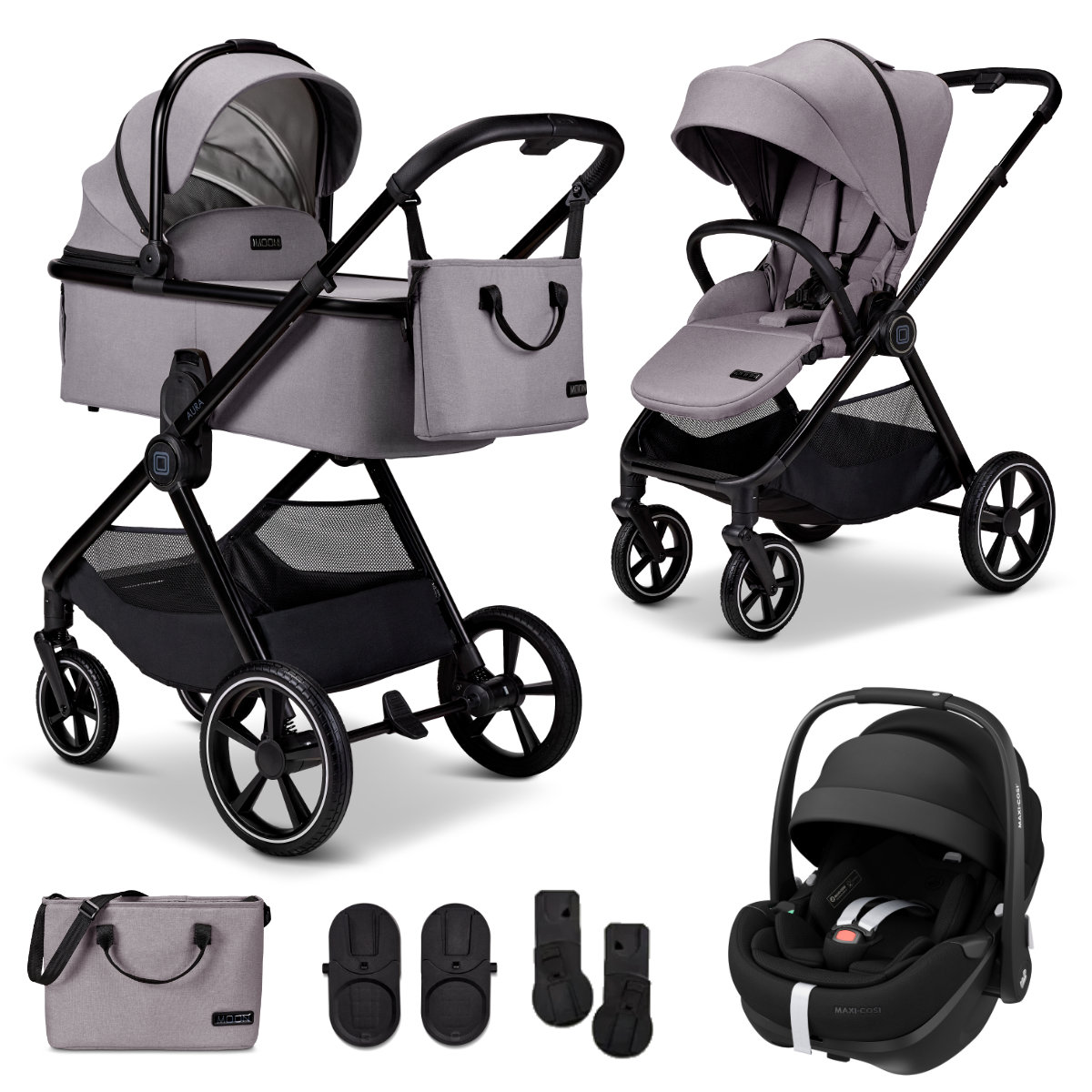 Moon Aura Kinderwagen Set 3 in 1 inkl. Maxi Cosi Pebble 360 Pro2 in Grau - Vorderansicht