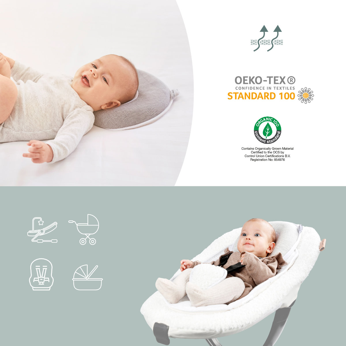 Babymoov Babykopfkissen Cosyhead Fresh (für Bett/ Wippe/ Schaukel/ Babyschale/ Kinderwagen)