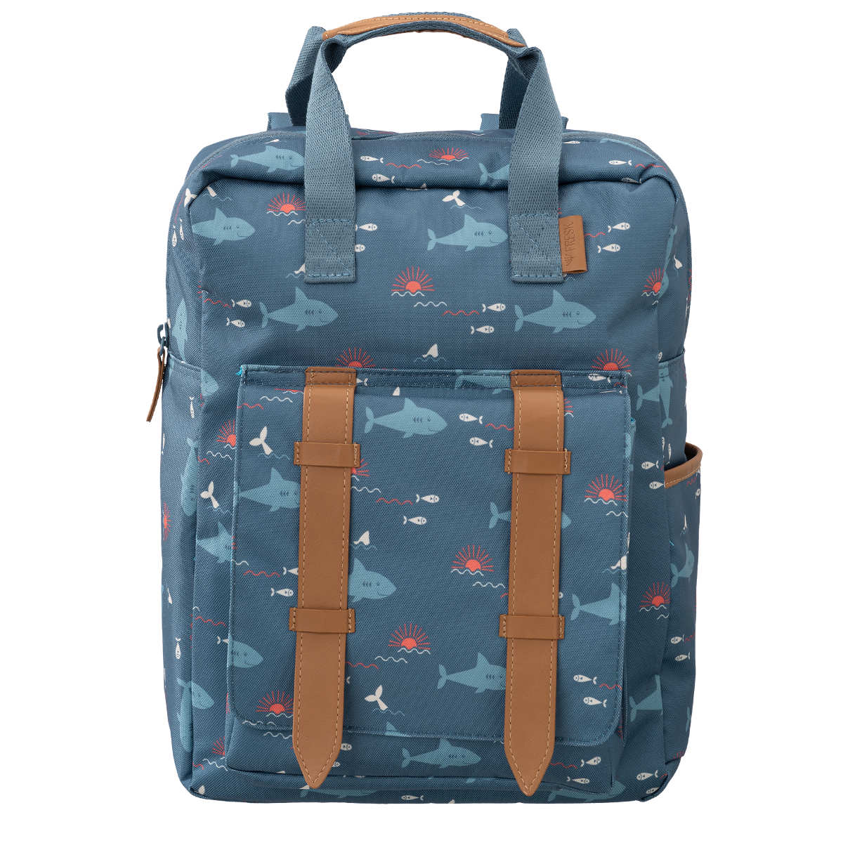 Kipling Kinderrucksack mit Haifischmuster in Blau - Vorderansicht