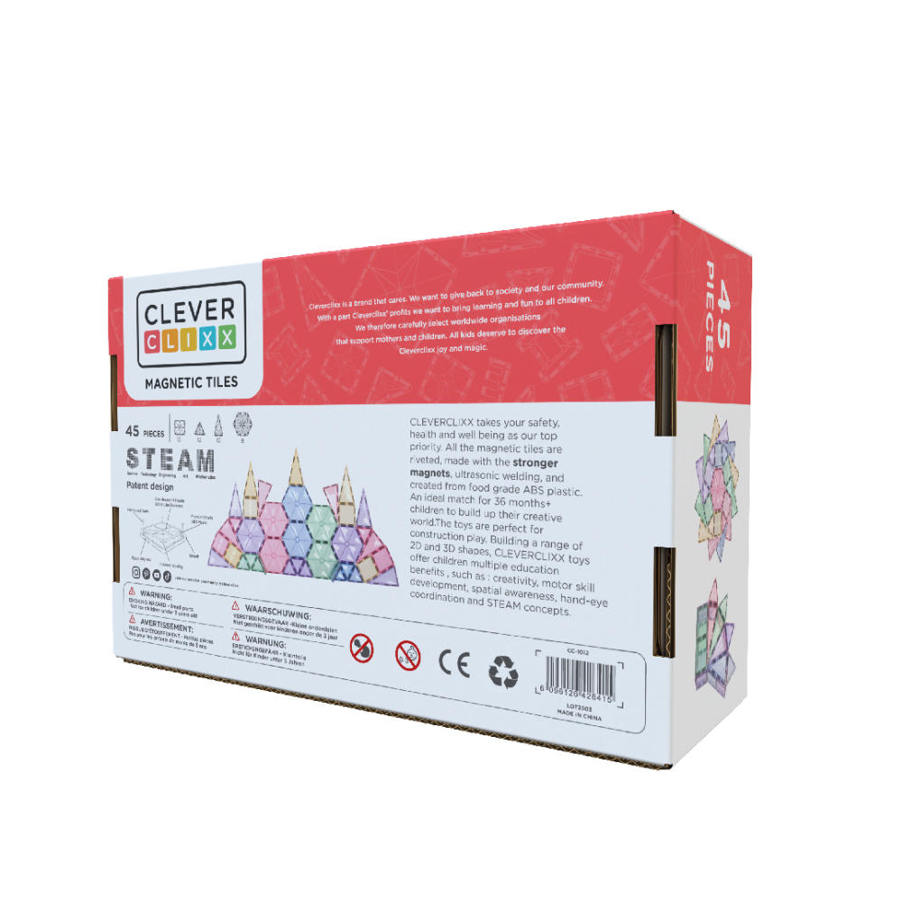 Cleverclixx Geometrie-Bausatz in Pastellfarben – 45 Teile Magnetbausteine