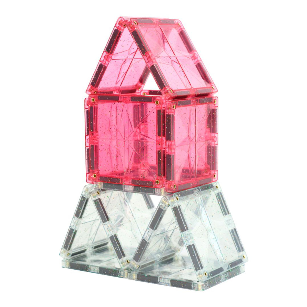 Cleverclixx Glitter Tiles Pack Transparent/Pink – 16 Pieces Magnetic Tiles