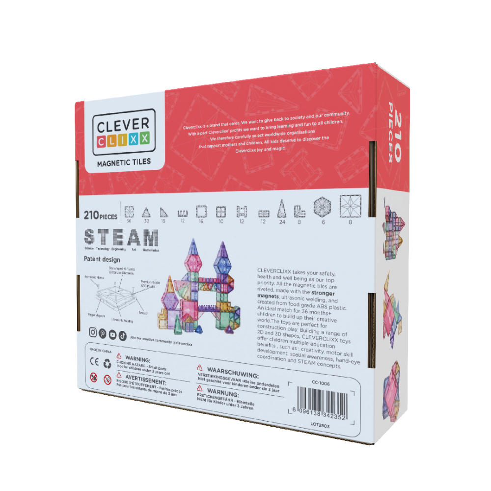 Cleverclixx Mega-Kreativ-Bausatz in Pastellfarben – 210 Teile Magnetbausteine