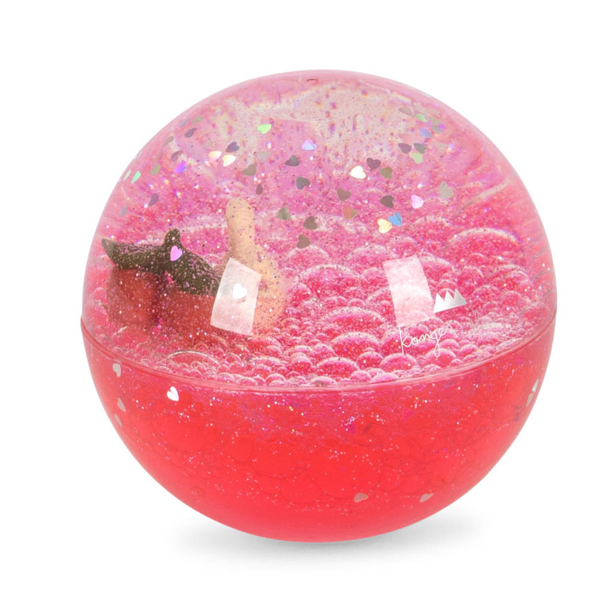 Glitzerkugel mit rosa Glitter und Herzmotiven - Vorderansicht
