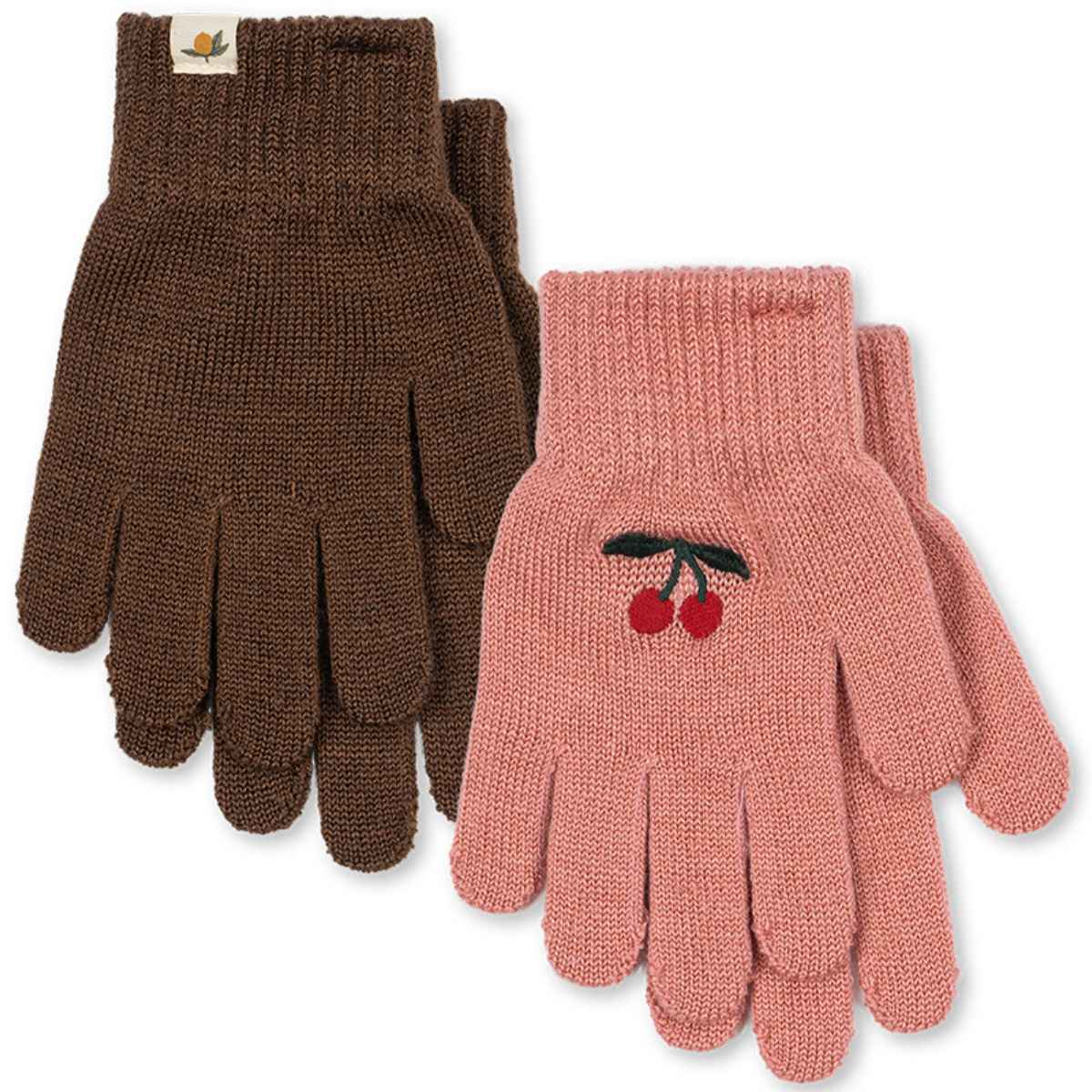 Zwei Paar gestrickte Handschuhe in Braun und Rosa mit Kirschenmotiv - Vorderansicht