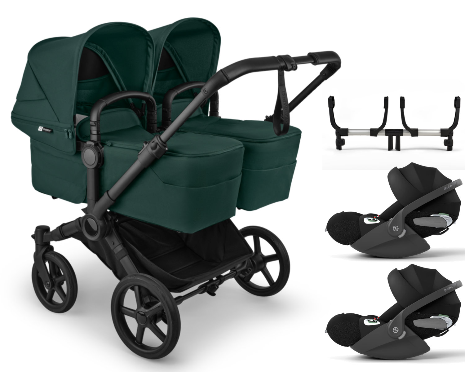 Bugaboo Donkey 6 Twin Kinderwagen Set 3 in 1 inkl. Cybex Cloud T i-Size in Grün - schräge Ansicht