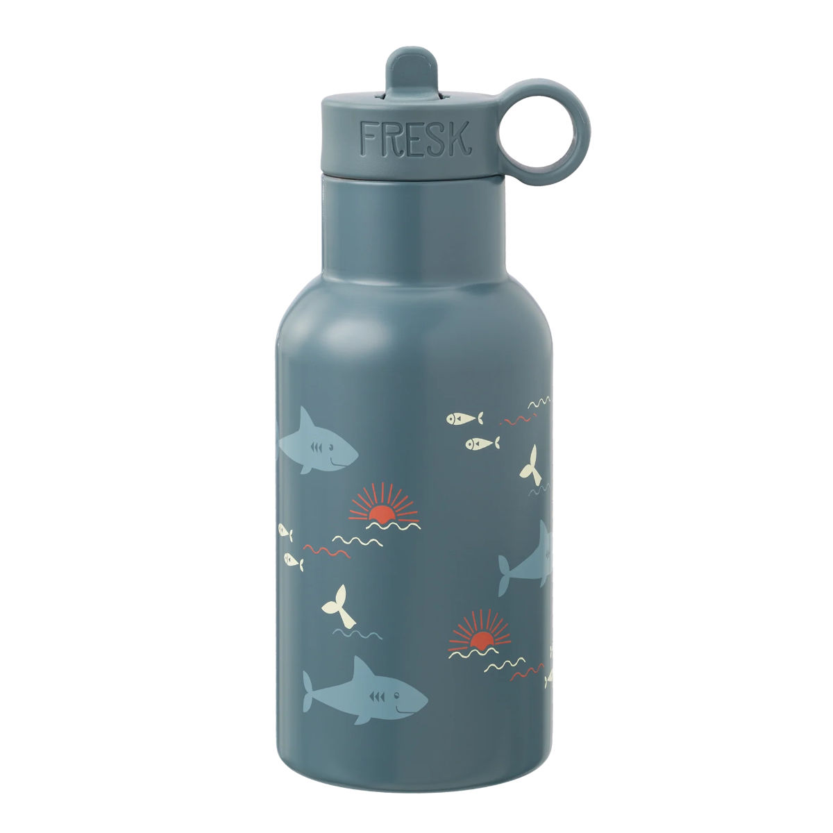 Fresk Trinkflasche mit Hai-Motiv in Blau - Vorderansicht