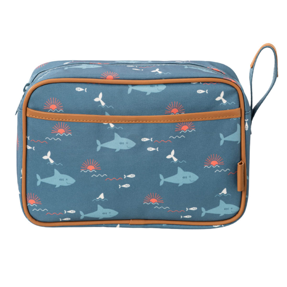 Kosmetiktasche mit Hai-Print in Blau - Vorderansicht