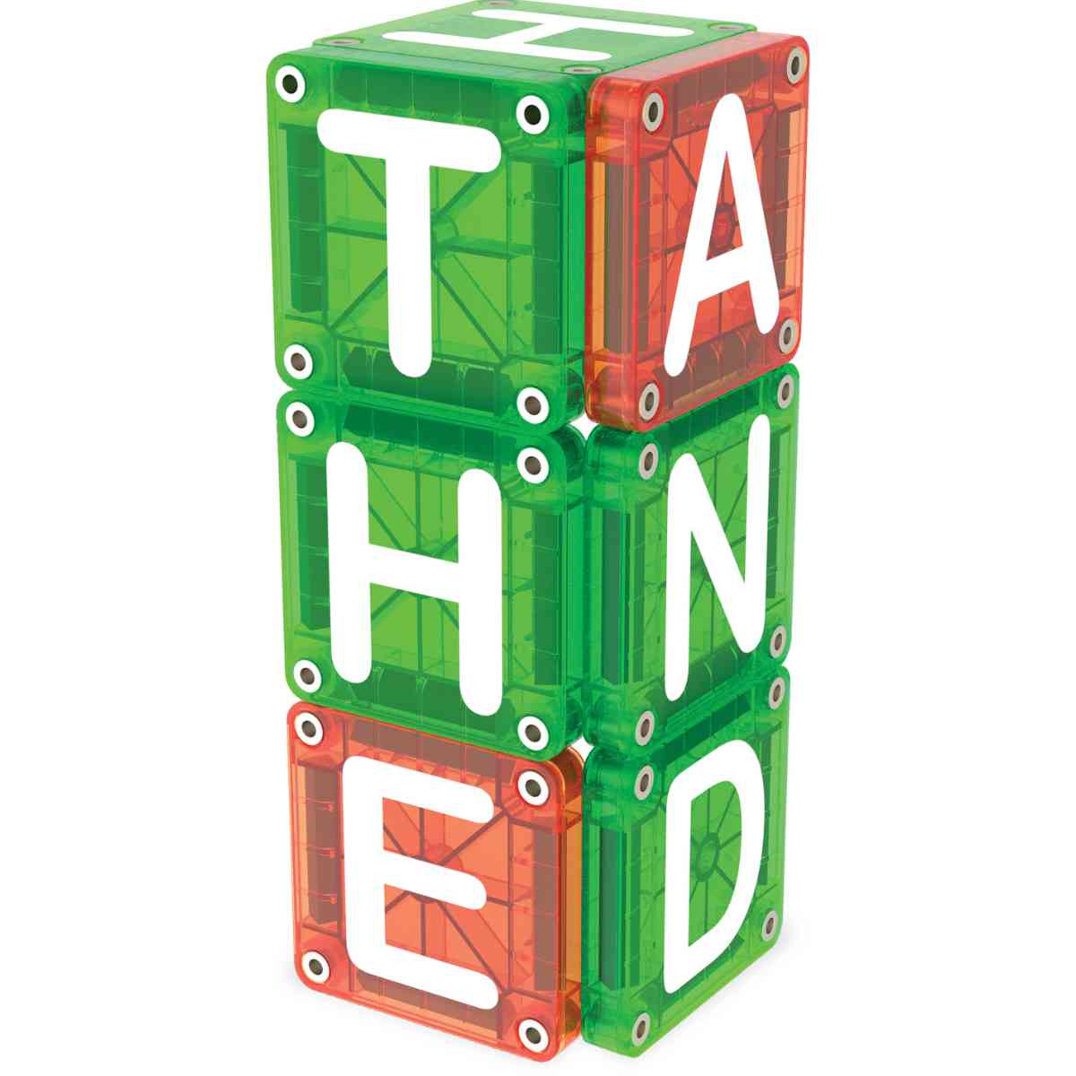 MAGNA-TILES microMAGS LEARN Buchstaben in Grün und Orange - schräge Ansicht