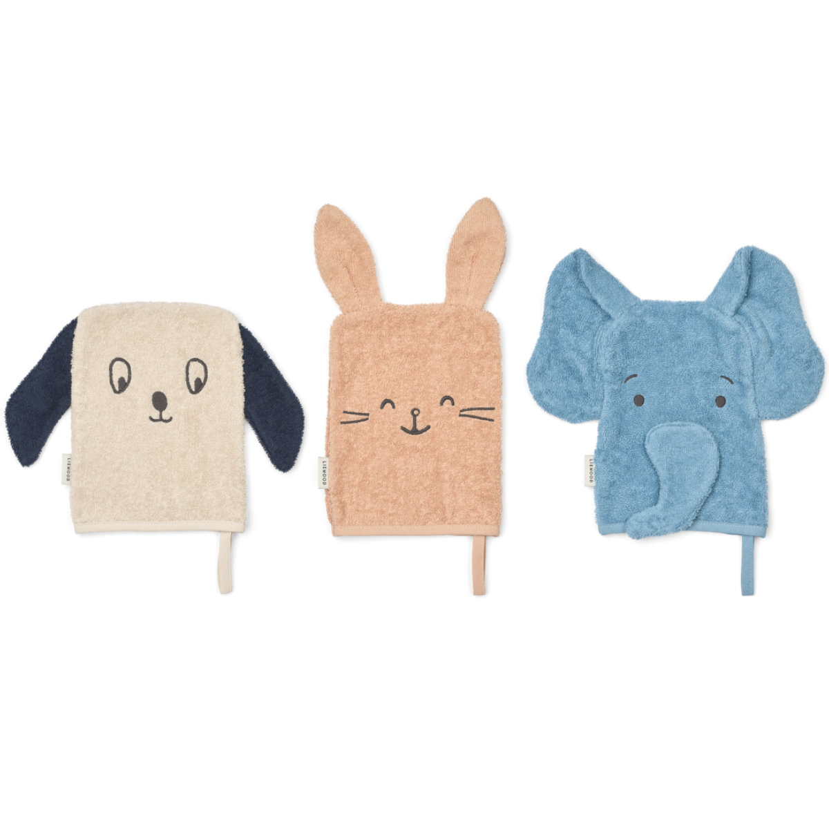 Liewood Tier-Waschhandschuhe-Set, Hund beige, Hase orange, Elefant blau - Vorderansicht