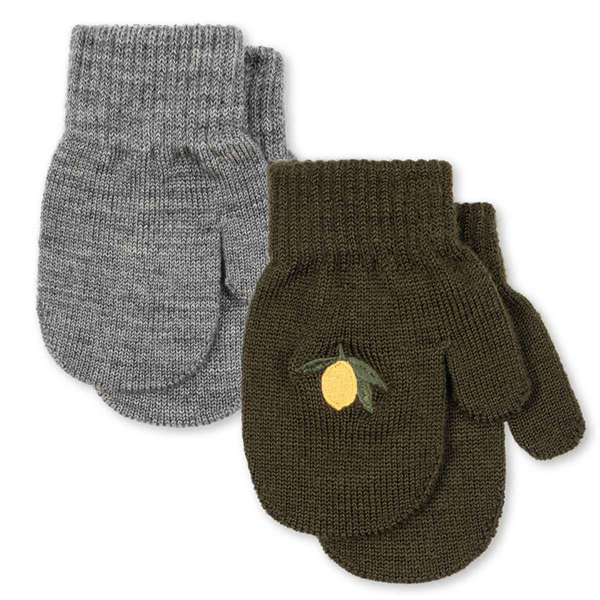 Handschuhe Paar in Grau und Oliv mit Zitrone - Draufsicht