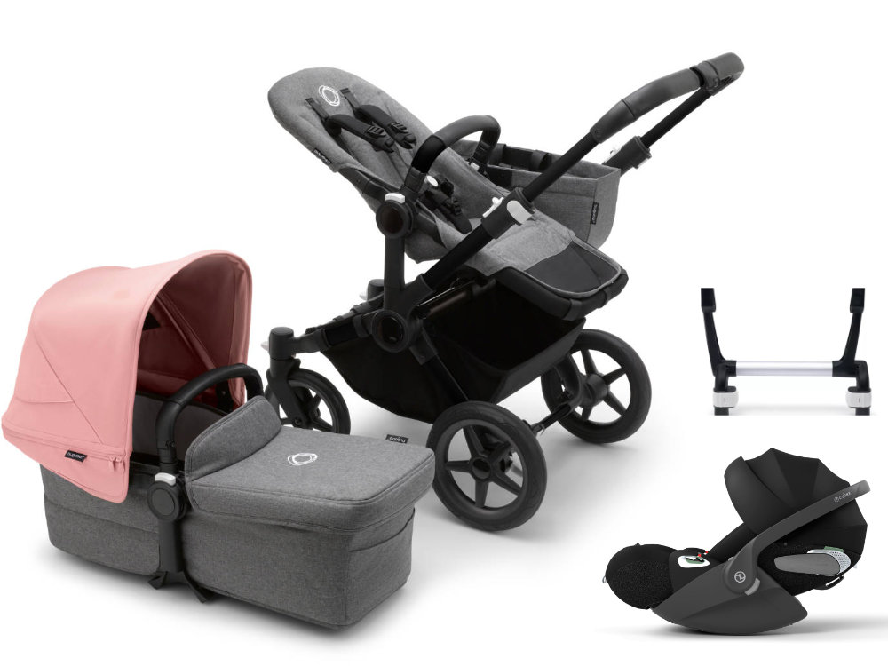 Bugaboo Donkey 5 Mono Kinderwagen Set 3 in 1 in Grau und Rosa - schräge Ansicht