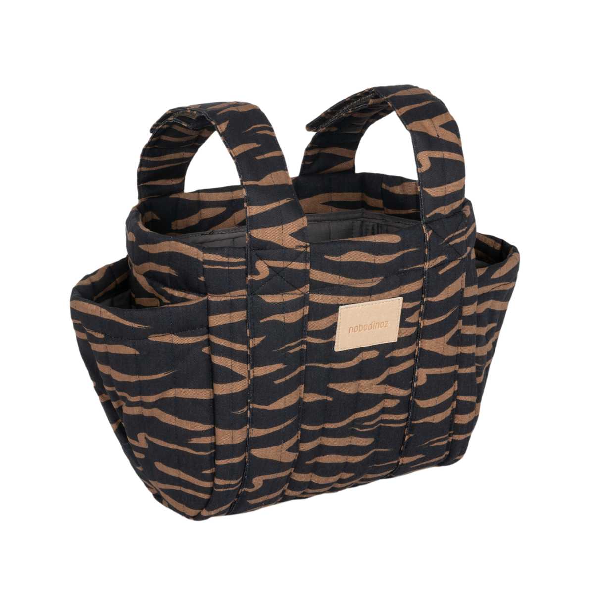 Nobodinoz HYDE PARK Kinderwagen Organizer in Schwarz-Braun Muster - schräge Ansicht