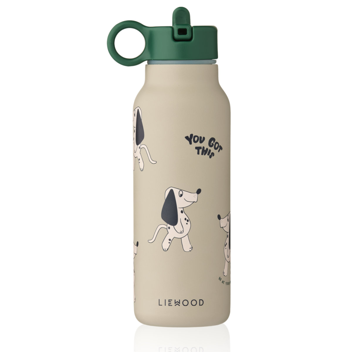 Liewood Trinkflasche in Beige mit Hundemuster - Seitenansicht