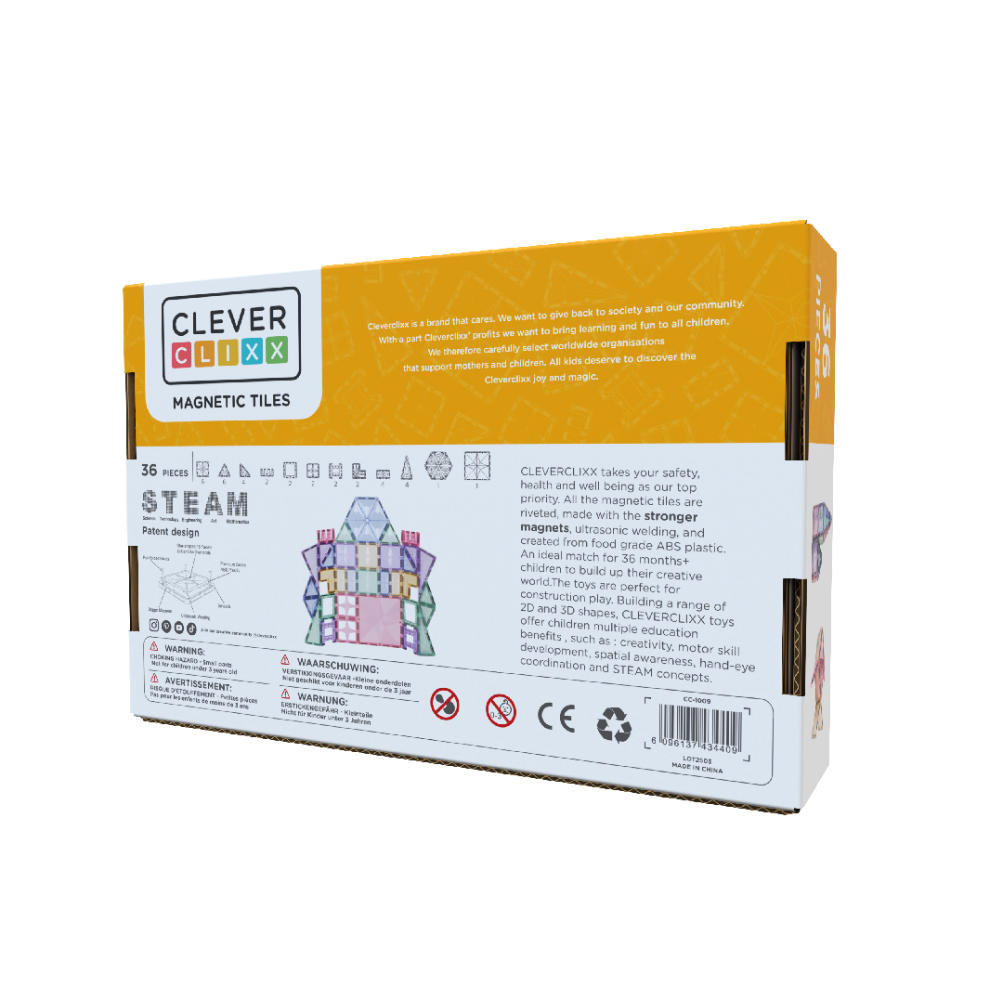 Cleverclixx Compact Set in Pastel Colors – 36 Pieces Magnetic Tiles