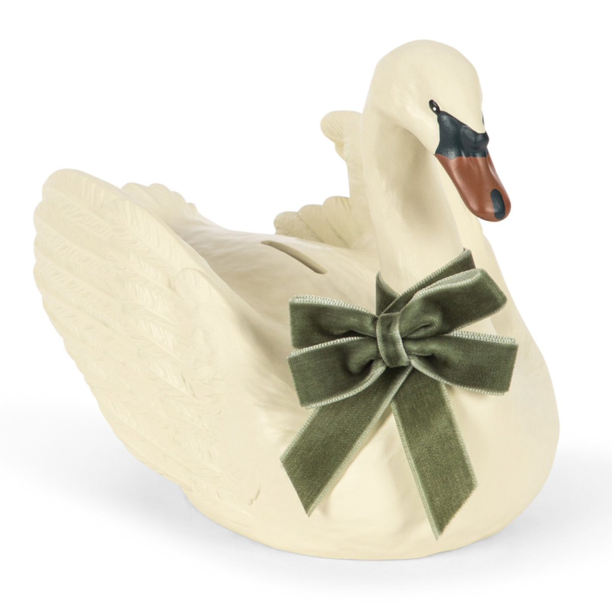 Konges Sløjd Schwan Spardose mit Schleife in Creme - schräge Ansicht