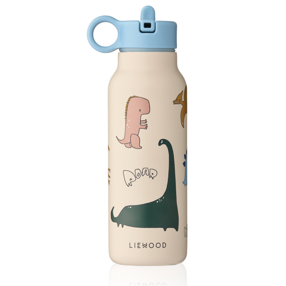 Liewood Kindertrinkflasche mit Dinosaurier-Motiv in Beige - Vorderansicht