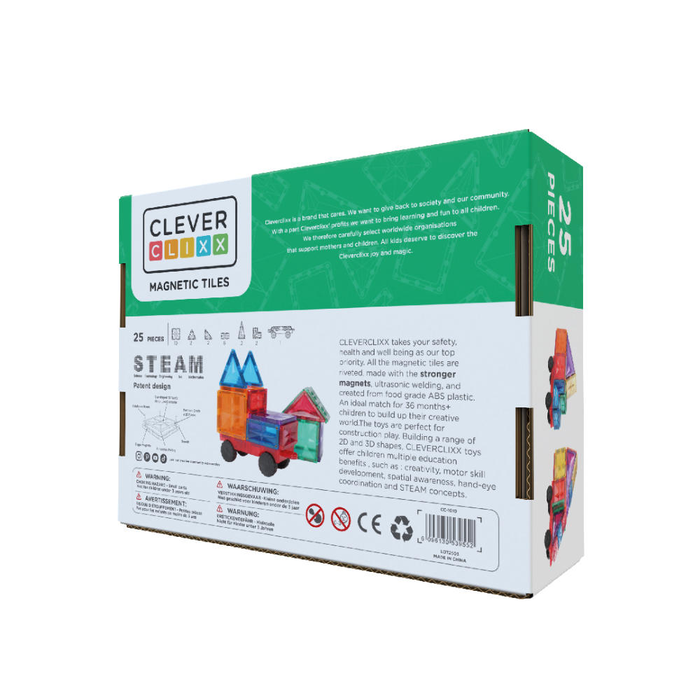 Cleverclixx Car Set in Bright Colors – 25 Pieces Magnetic Tiles