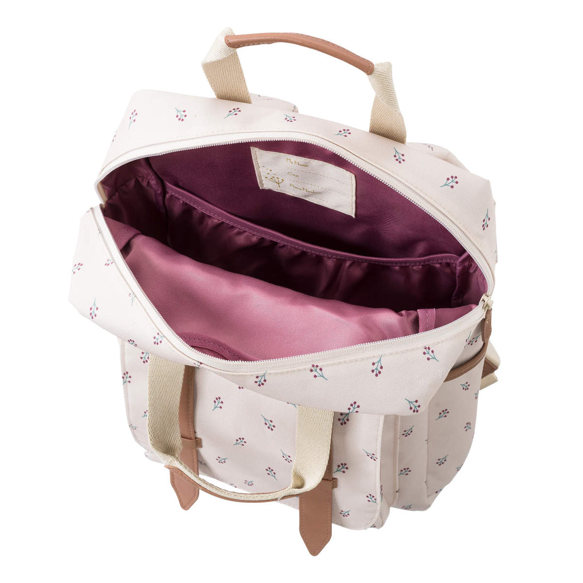Beiger Rucksack mit Blumenmuster - Draufsicht