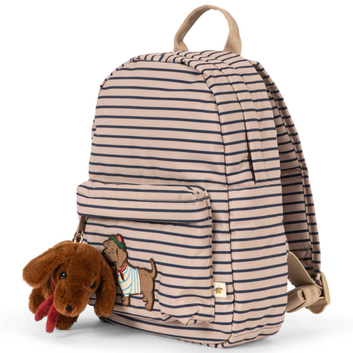 Konges Sløjd Nohr Mini Waterdichte Rucksack in Beige mit Streifen - schräge Ansicht