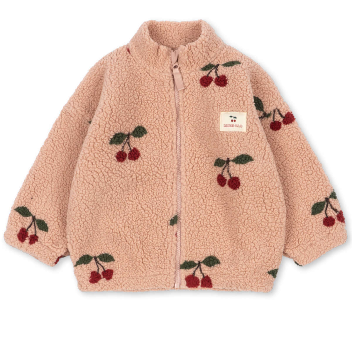 Beige Kinderjacke mit Kirschmuster - Vorderansicht