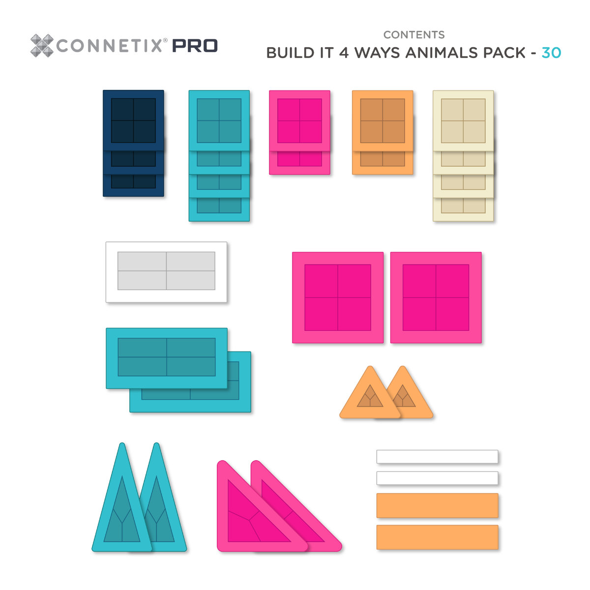 Connetix PRO Magnetbausteine Animals Pack CP-T-00030-AN in Blau-Pink-Orange-Türkis - Draufsicht
