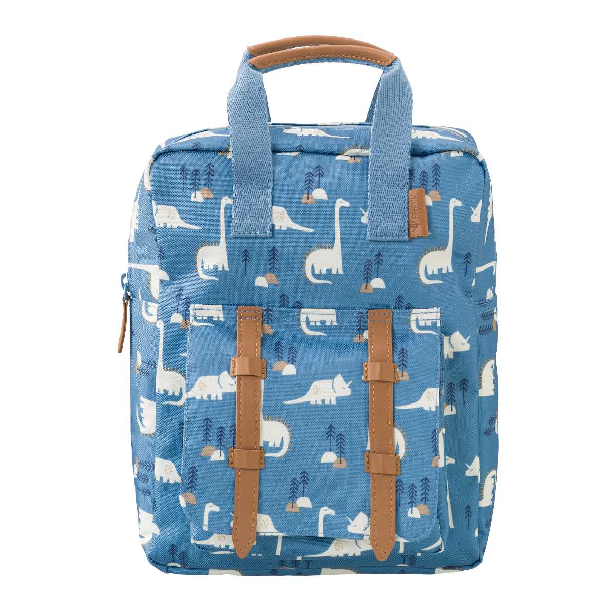 Blauer Kinderrucksack mit Dinosauriermuster - Vorderansicht