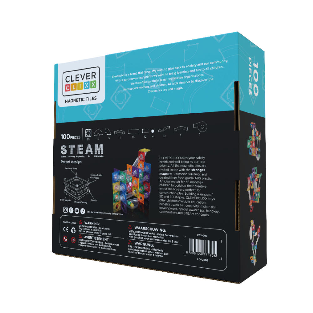 Cleverclixx Ball Run Light Effect – 100 Pieces Magnetic Tiles