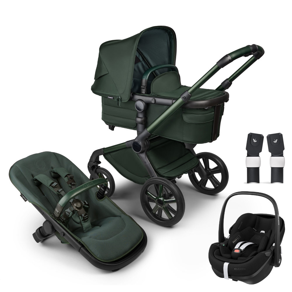 Bugaboo Fox 5 Kinderwagen Set 3 in 1 in Dunkelgrün - schräge Ansicht