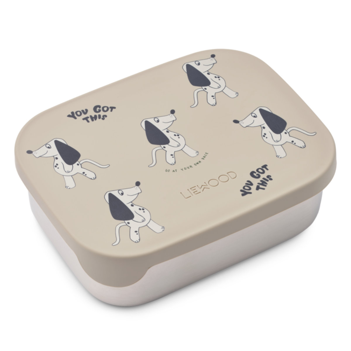 Liewood Lunchbox in Beige mit Hundemotiv - schräge Ansicht