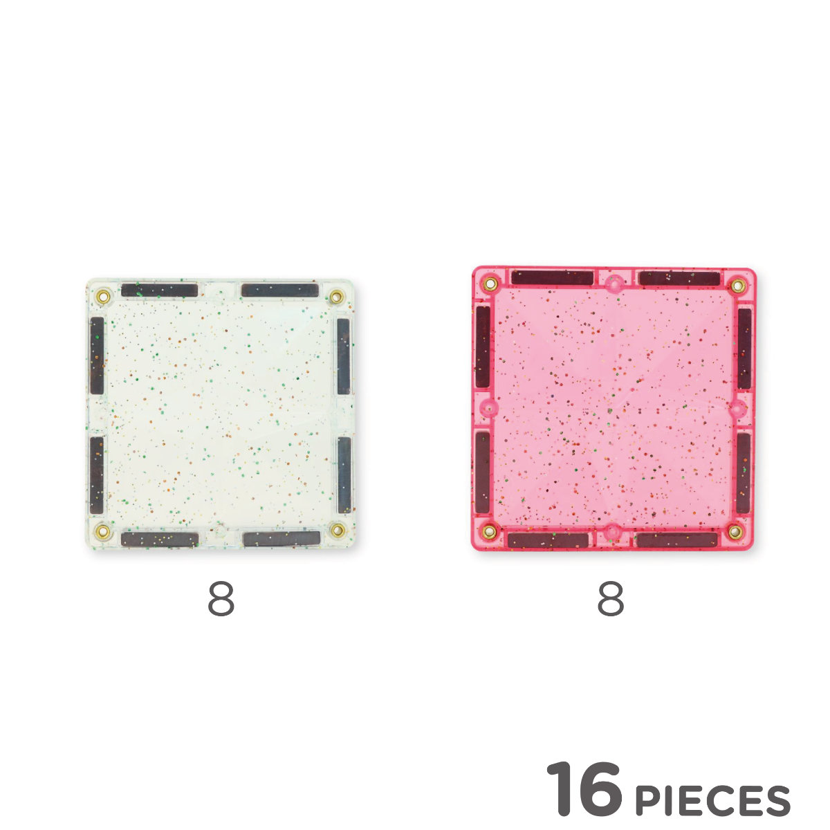Cleverclixx Glitter Tiles Pack Transparent/Pink – 16 Pieces Magnetic Tiles