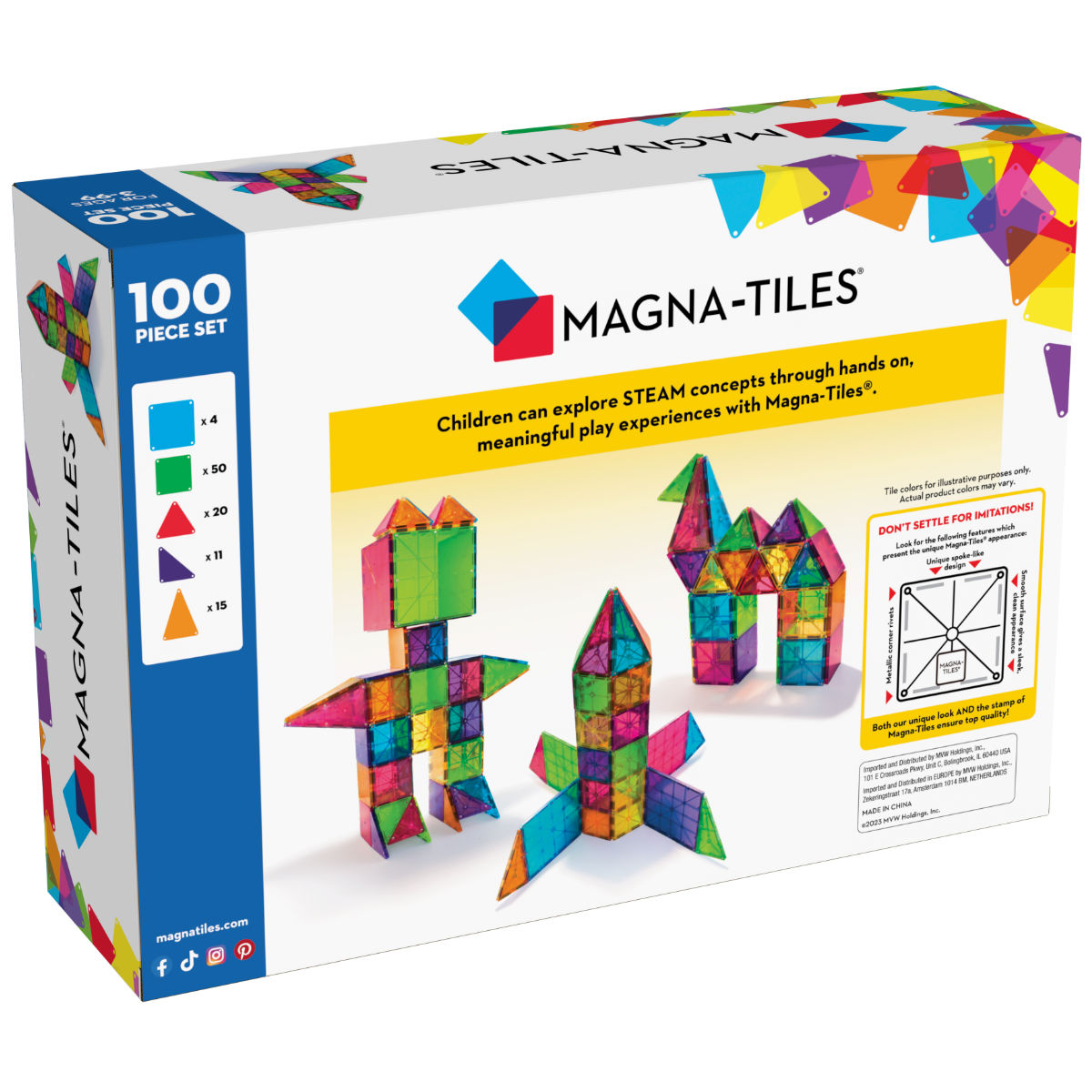 Magna-Tiles Classic - 100 Teile, bunte Box - schräge Ansicht
