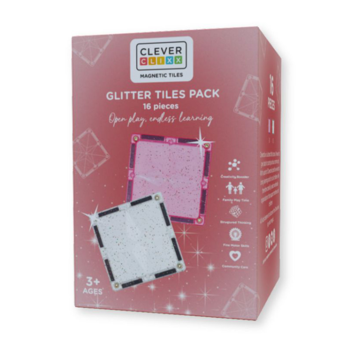 Cleverclixx Glitter Tiles Pack Transparent/Pink – 16 Pieces Magnetic Tiles