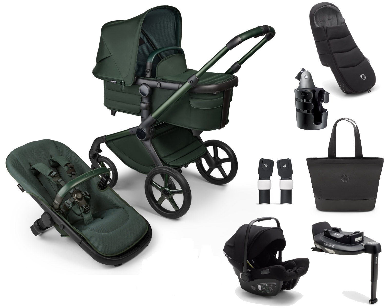 Bugaboo Fox 5 Kinderwagen Set All in One in Dunkelgrün - schräge Ansicht