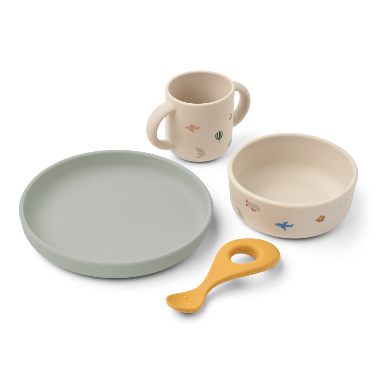 Kinder Essgeschirr-Set in Beige und Grün - Draufsicht