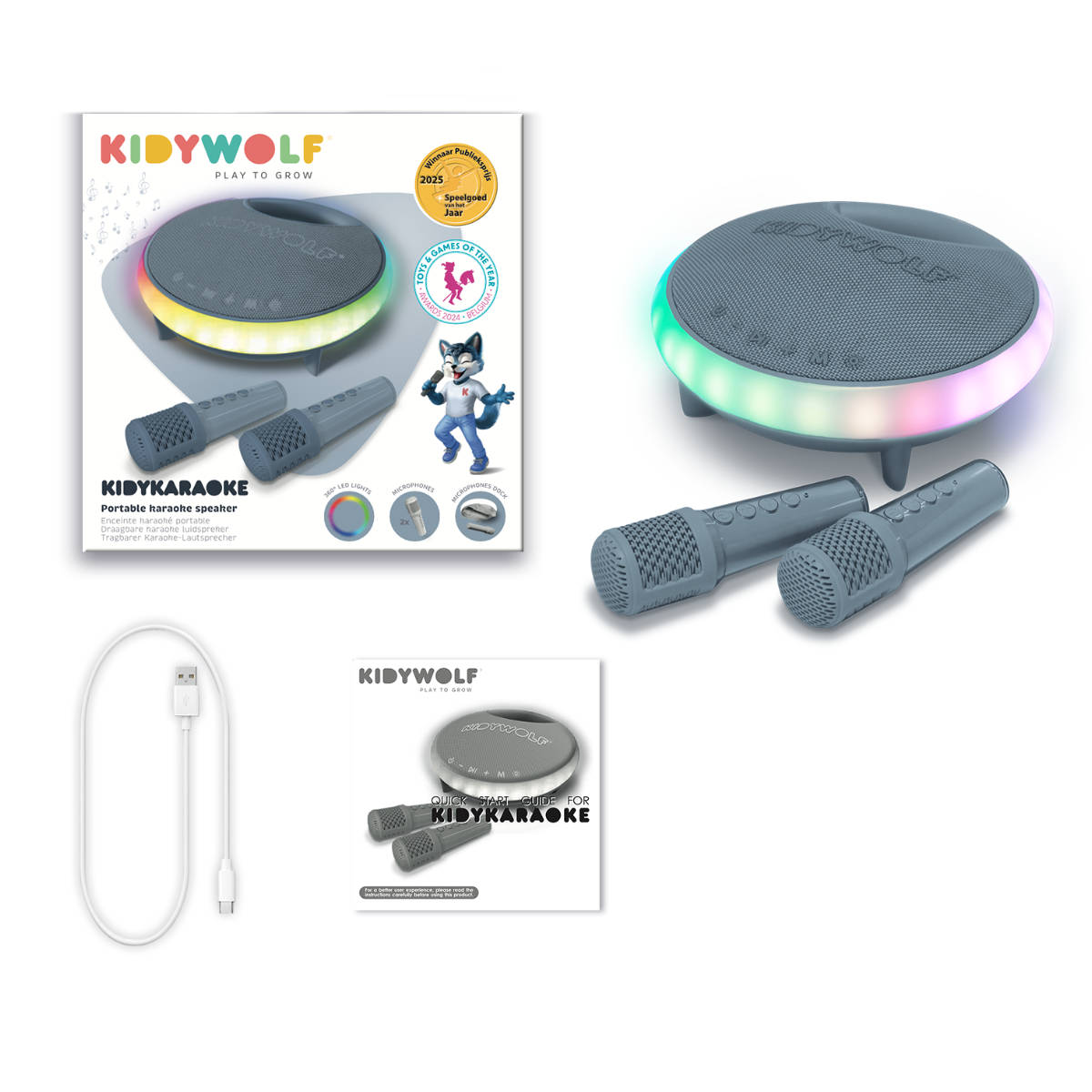 Kidywolf KIDYKARAOKE Karaoke-Set für Kinder mit 2 Mikrofonen und Bluetooth
