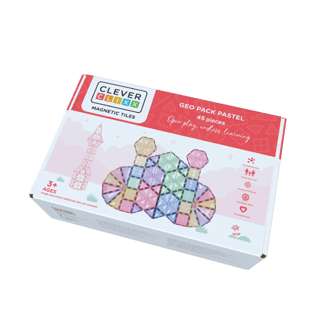 Cleverclixx Geometrie-Bausatz in Pastellfarben – 45 Teile Magnetbausteine