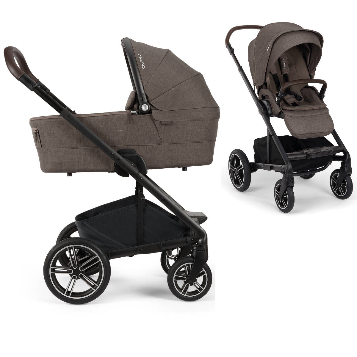 Nuna Kinderwagen in Braun - Seitenansicht und schräge Ansicht