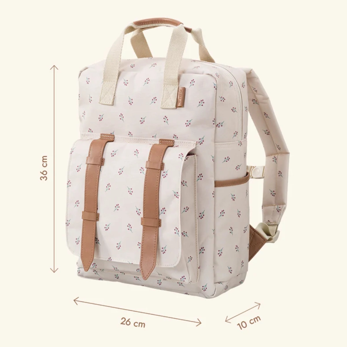 Kombinierter Rucksack, Creme mit Muster und braunen Details in schräger Ansicht