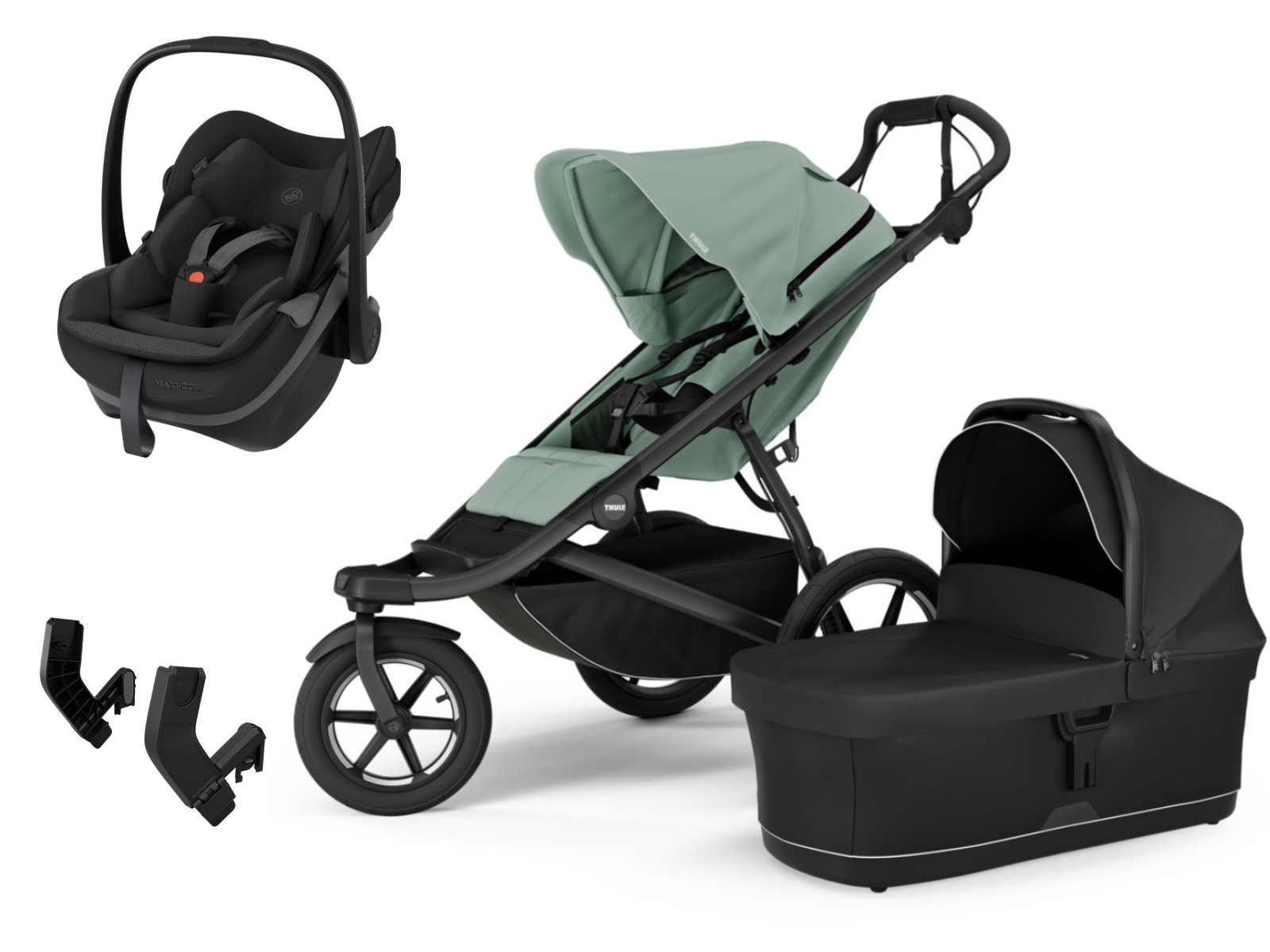 Thule Kinderwagen Kombi in Schwarz und Grün - schräge Ansicht