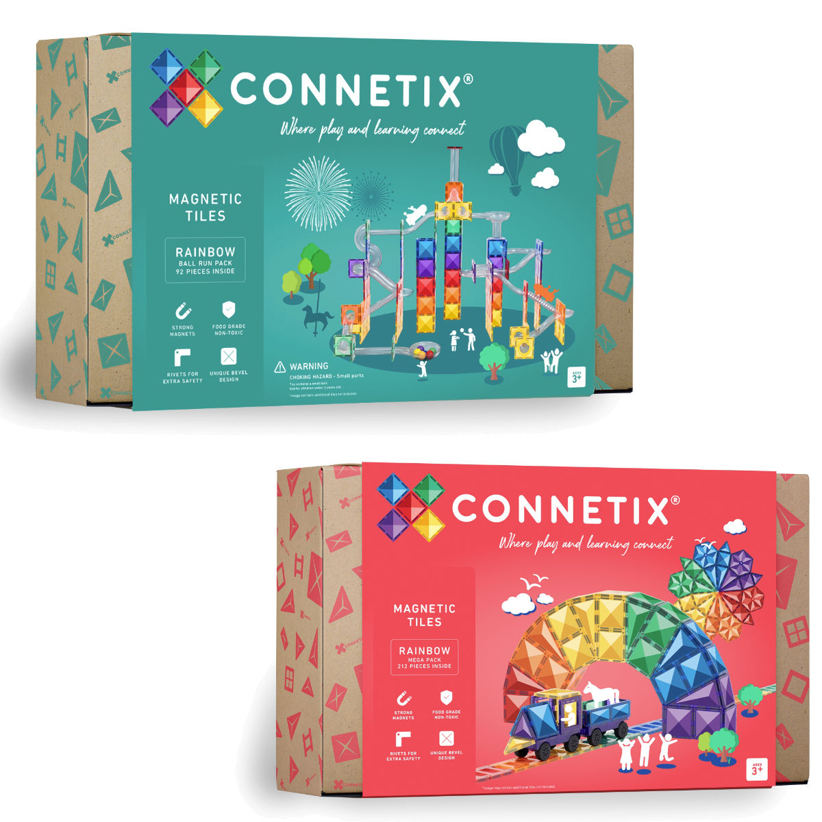 Connetix Magnetbausteine Rainbow Set – Kugelbahn & Mega Pack - 304 Teile, Farbkarton, schräge Ansicht