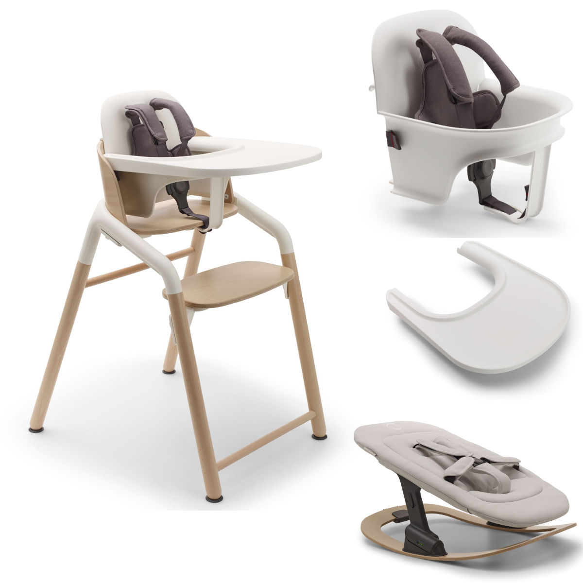 Bugaboo Giraffe Hochstuhl All in One Set 5 in 1 in Weiß und Holz - schräge Ansicht