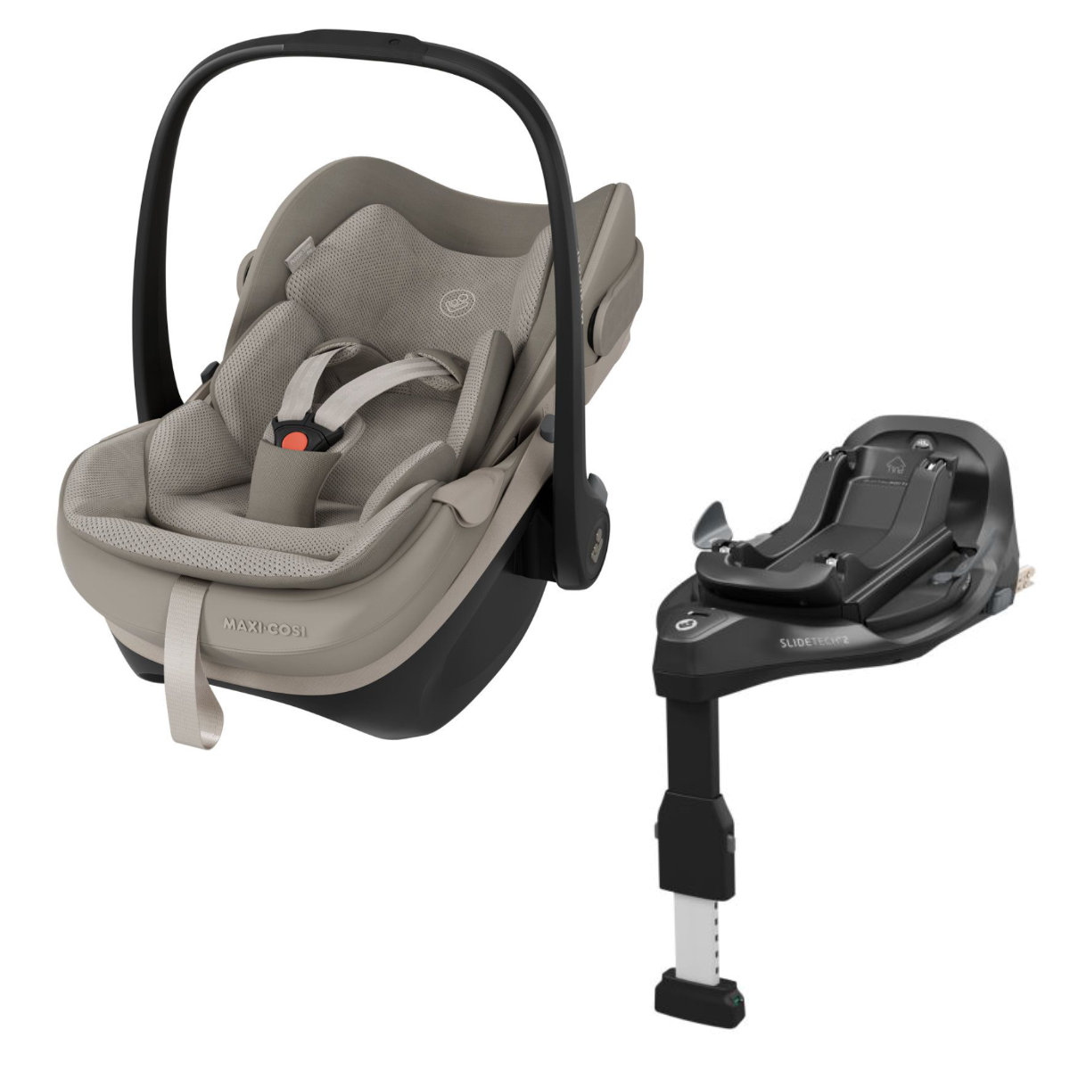 Maxi-Cosi Pebble Slide Pro in Beige mit FamilyFix - Schräge Ansicht