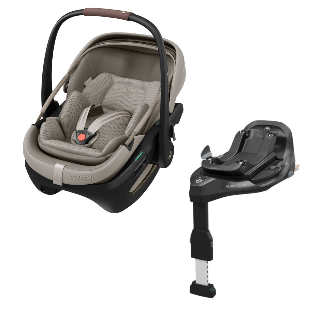 Maxi-Cosi Babyschale in Beige mit Basis - schräge Ansicht