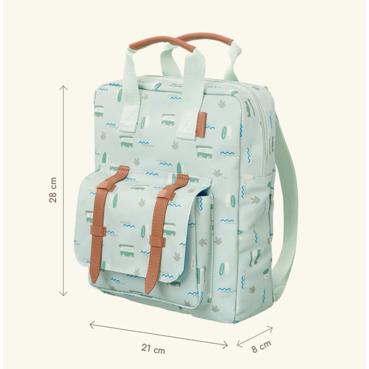Fresk Kinderrucksack mintgrün mit Muster - schräge Ansicht