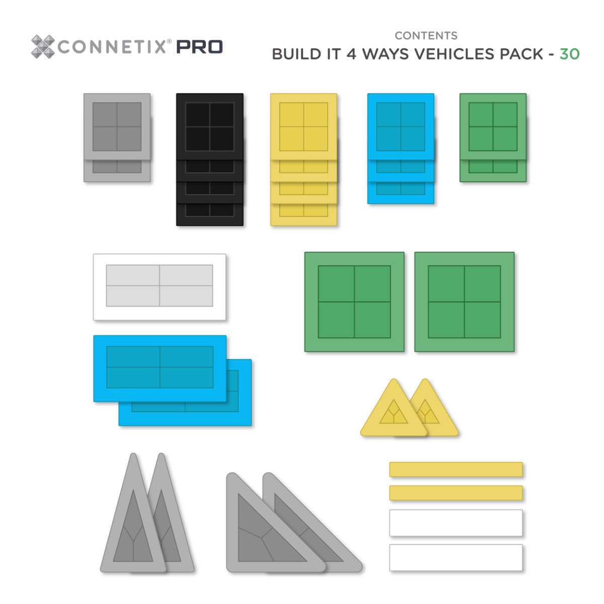 Connetix PRO Magnetbausteine – Vehicles Pack – 30 Teile in Mehrfarben - Draufsicht