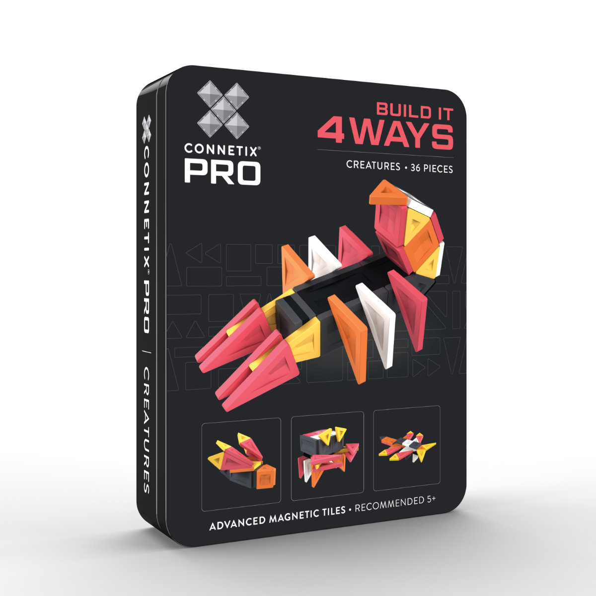 Connetix PRO Magnetbausteine Creatures Pack in Schwarz, Rot, Orange - Verpackung schräge Ansicht